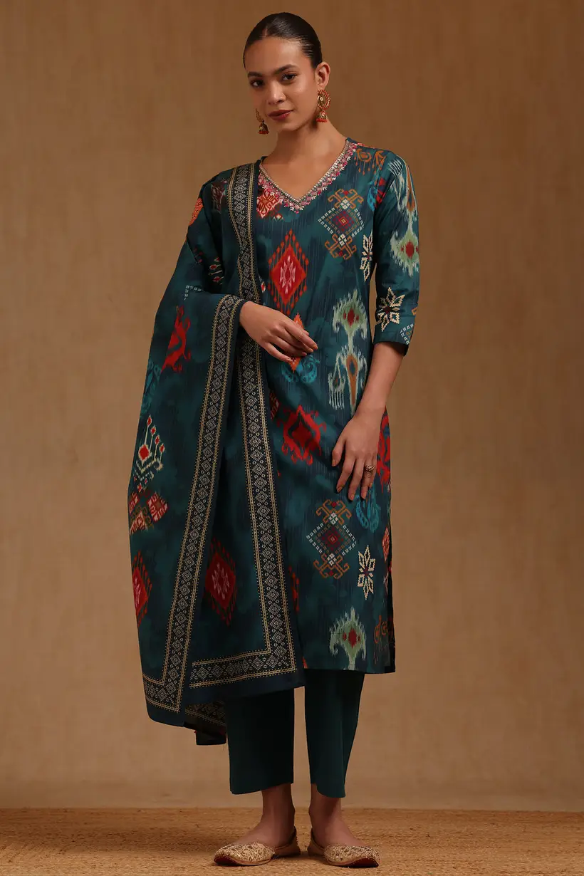 Teal Cotton Ethnic Motifs Zari Embroidered Salwar Suit With Faux Mirror And Sequins